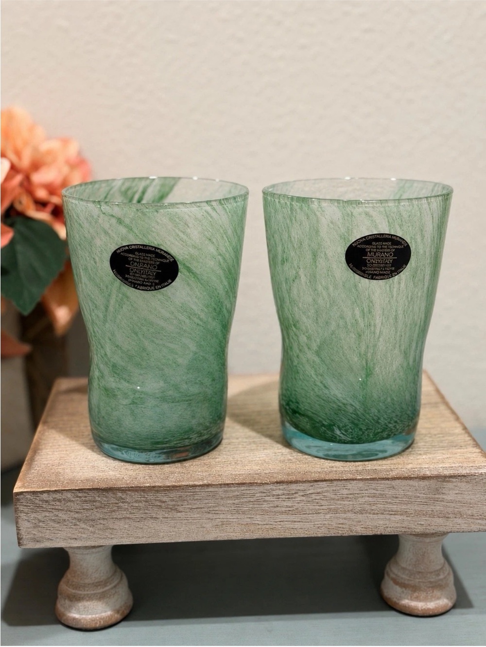 Murano Glass Tumbler Set 2 Green Hand Blown Drinking Glasses 4 7/8in Italy